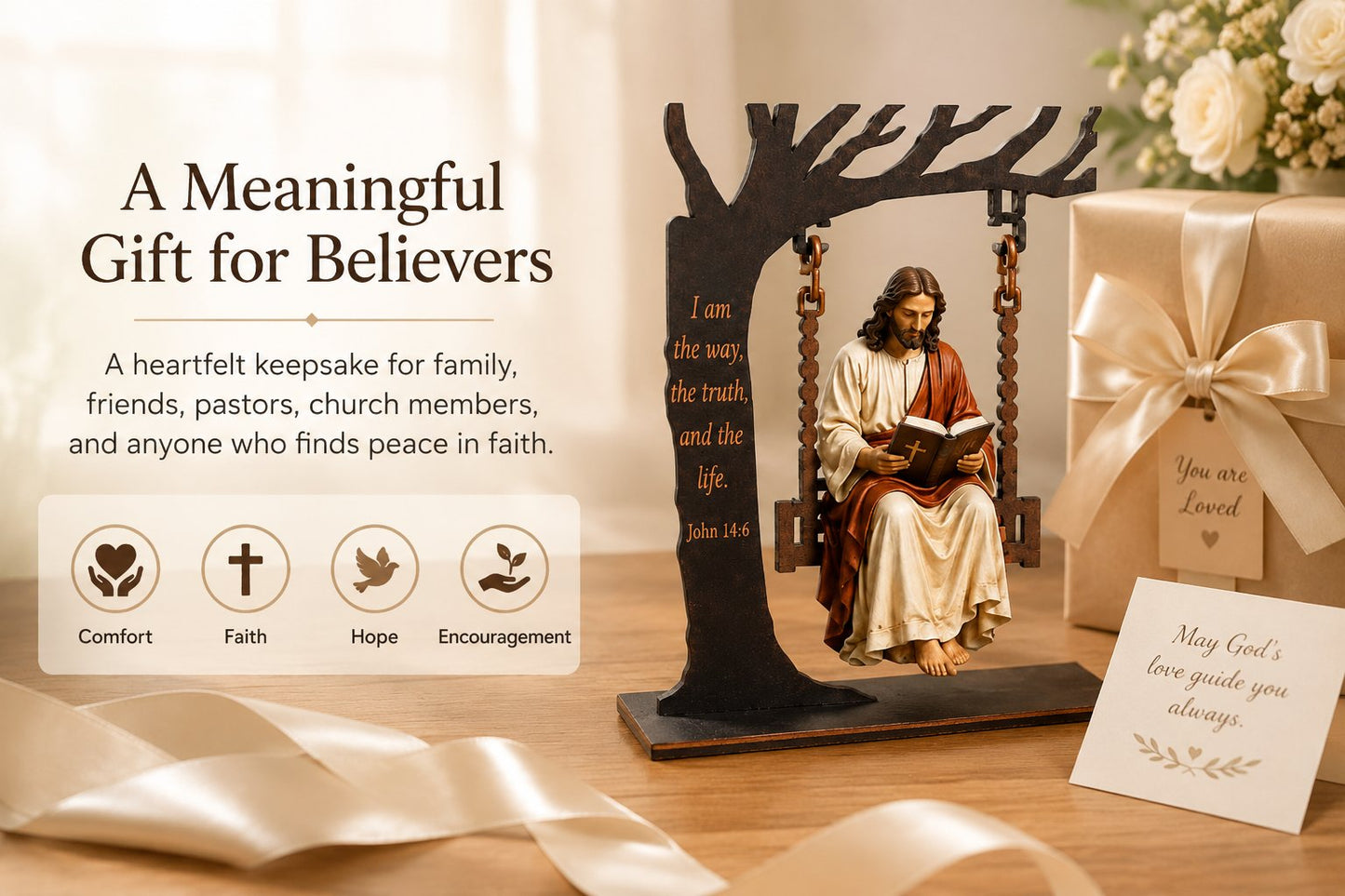 ✝️ Dlibryla® Jesus Swing Ornament – John 14:6 Faith Table Decor | Christian Bible Verse Home Decoration