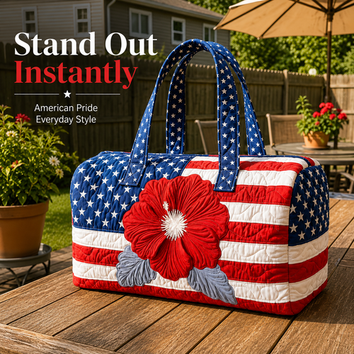🛍️LAST DAY 50% OFF👜Patriotic Quilted Tote Bag | 3D Floral American Flag Travel Duffel