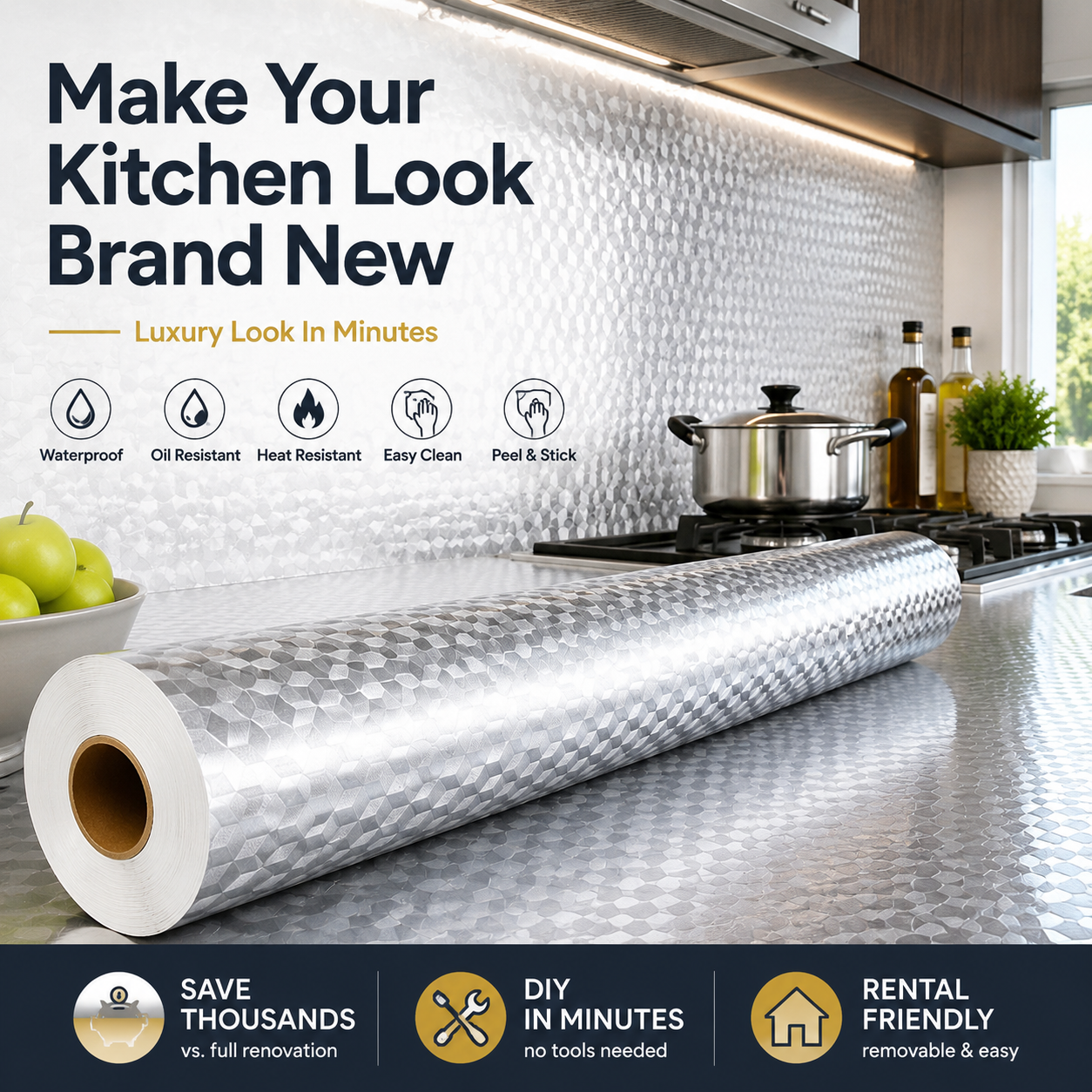 Dlibryla® Peel & Stick Kitchen Makeover Film – Waterproof DIY Countertop & Cabinet Cover