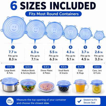 Dlibryla® 🥗 6 PCS Silicone Stretch Lids – Reusable Food Covers for Bowls, Pots, Cups & Fresh Food Storage