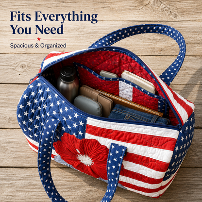 🛍️LAST DAY 50% OFF👜Patriotic Quilted Tote Bag | 3D Floral American Flag Travel Duffel