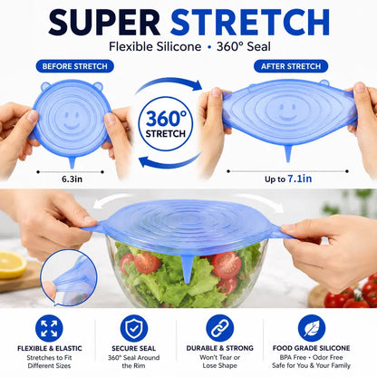 Dlibryla® 🥗 6 PCS Silicone Stretch Lids – Reusable Food Covers for Bowls, Pots, Cups & Fresh Food Storage