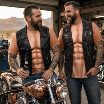 💪LAST DAY 50% OFF🔥Dlibryla® Personalized Six Pack ABS with Biker Vest Men Funny 3D T-Shirt – 😂🤘 Look Like a Biker, Feel Like a Legend!