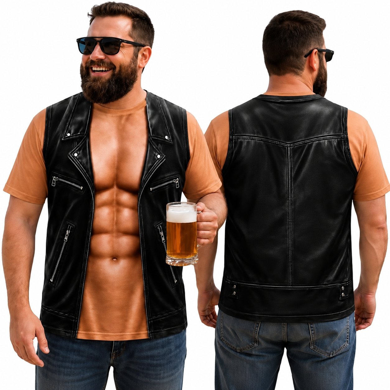 💪LAST DAY 50% OFF🔥Dlibryla® Personalized Six Pack ABS with Biker Vest Men Funny 3D T-Shirt – 😂🤘 Look Like a Biker, Feel Like a Legend!