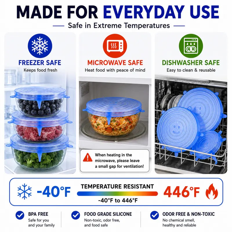 Dlibryla® 🥗 6 PCS Silicone Stretch Lids – Reusable Food Covers for Bowls, Pots, Cups & Fresh Food Storage