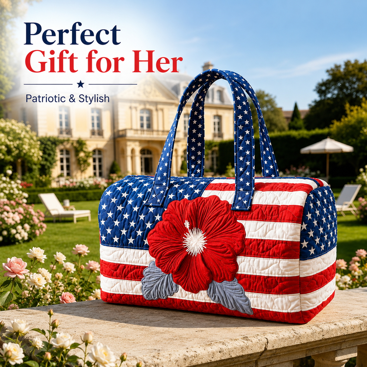 🛍️LAST DAY 50% OFF👜Patriotic Quilted Tote Bag | 3D Floral American Flag Travel Duffel