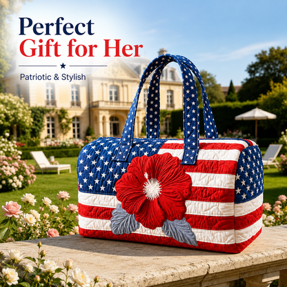 🛍️LAST DAY 50% OFF👜Patriotic Quilted Tote Bag | 3D Floral American Flag Travel Duffel