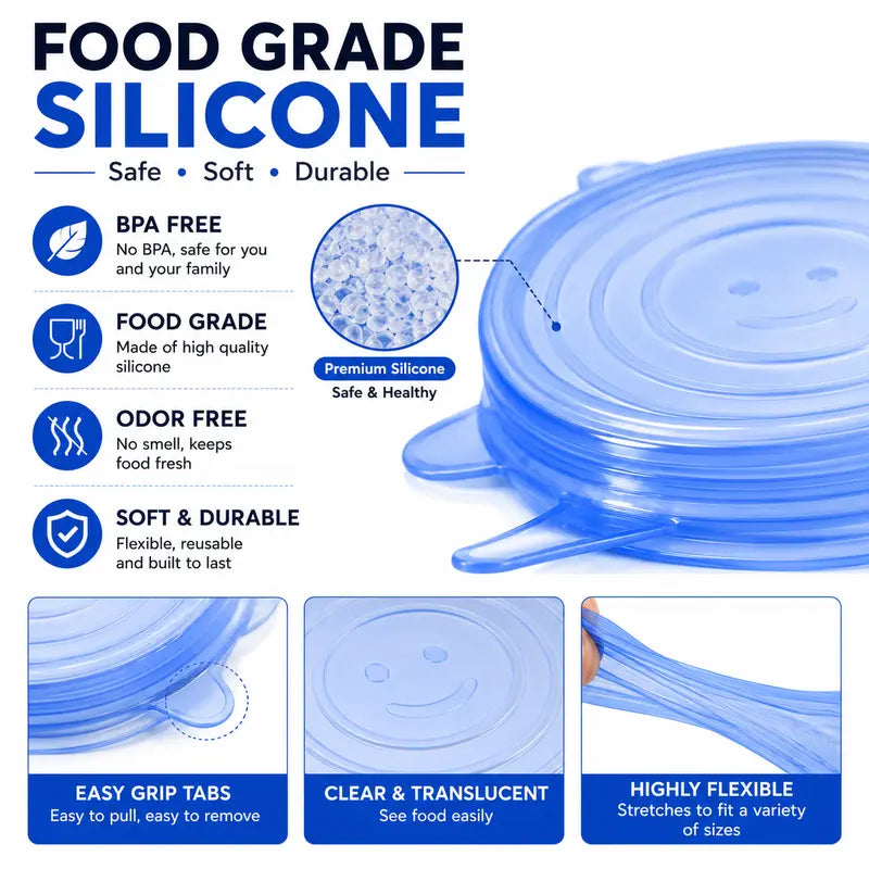 Dlibryla® 🥗 6 PCS Silicone Stretch Lids – Reusable Food Covers for Bowls, Pots, Cups & Fresh Food Storage