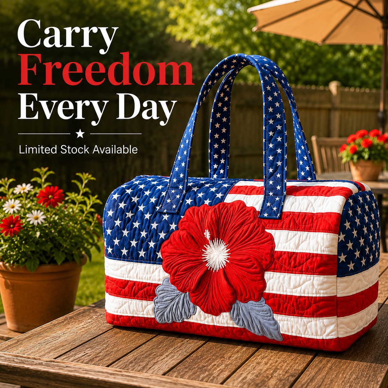 🛍️LAST DAY 50% OFF👜Patriotic Quilted Tote Bag | 3D Floral American Flag Travel Duffel