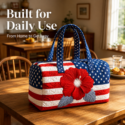 🛍️LAST DAY 50% OFF👜Patriotic Quilted Tote Bag | 3D Floral American Flag Travel Duffel