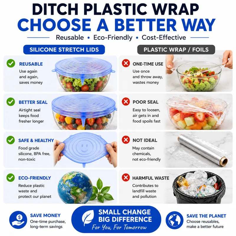Dlibryla® 🥗 6 PCS Silicone Stretch Lids – Reusable Food Covers for Bowls, Pots, Cups & Fresh Food Storage