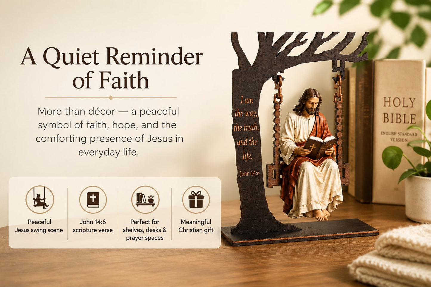 ✝️ Dlibryla® Jesus Swing Ornament – John 14:6 Faith Table Decor | Christian Bible Verse Home Decoration