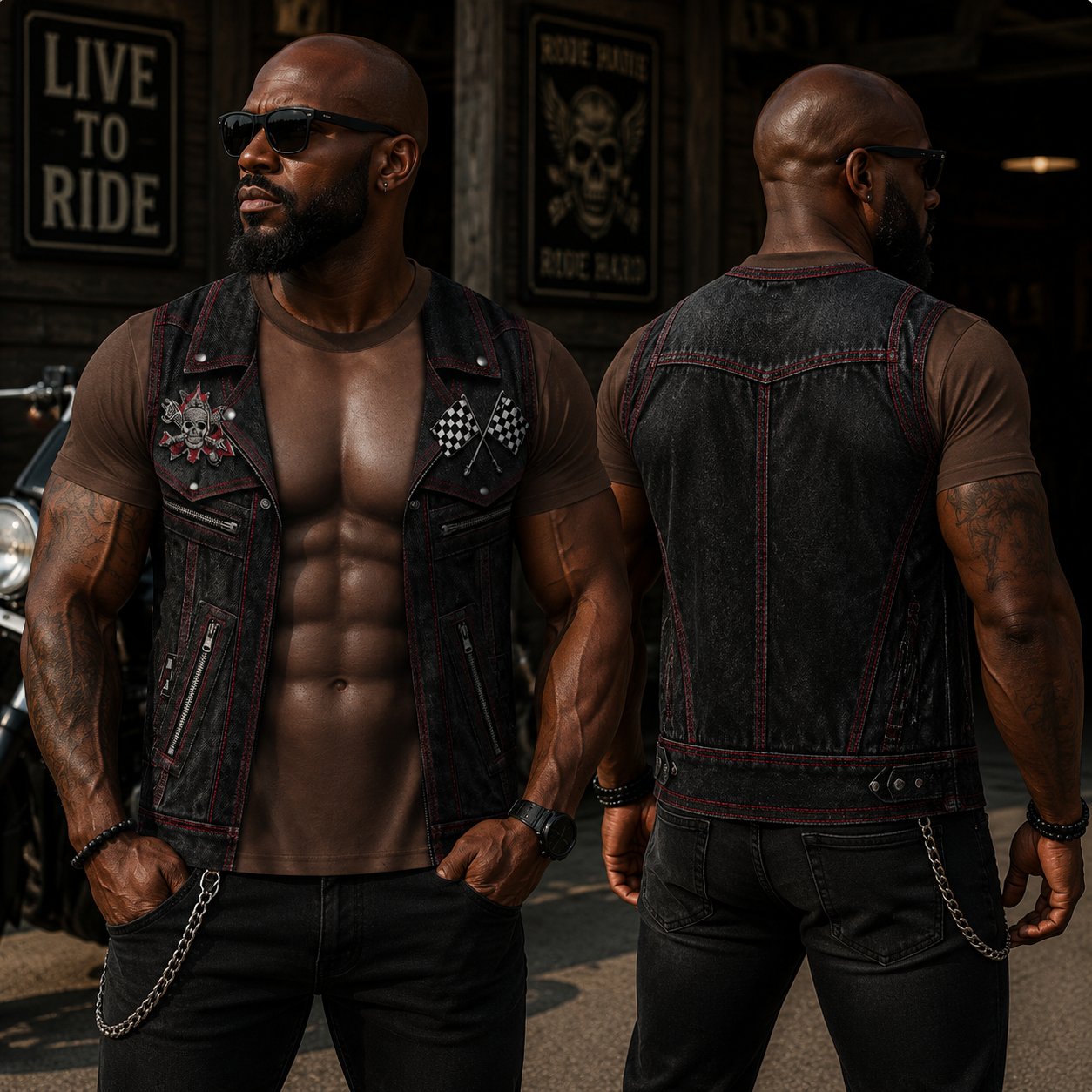 💪LAST DAY 50% OFF🔥Dlibryla® Personalized Six Pack ABS with Biker Vest Men Funny 3D T-Shirt – 😂🤘 Look Like a Biker, Feel Like a Legend!