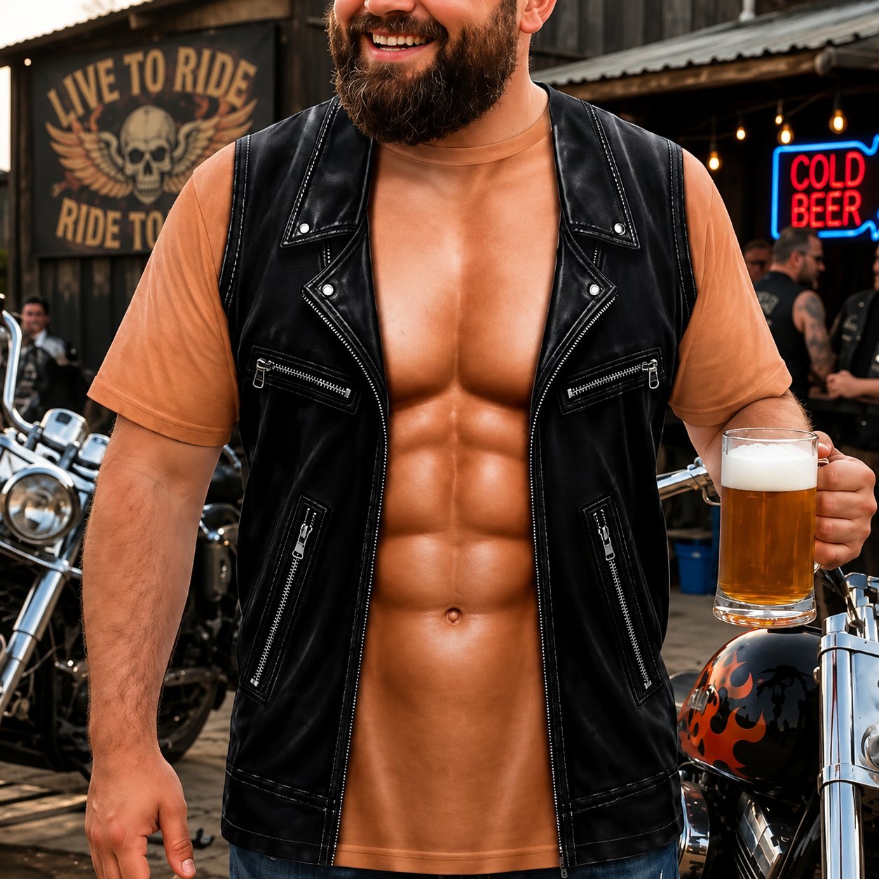 💪LAST DAY 50% OFF🔥Dlibryla® Personalized Six Pack ABS with Biker Vest Men Funny 3D T-Shirt – 😂🤘 Look Like a Biker, Feel Like a Legend!