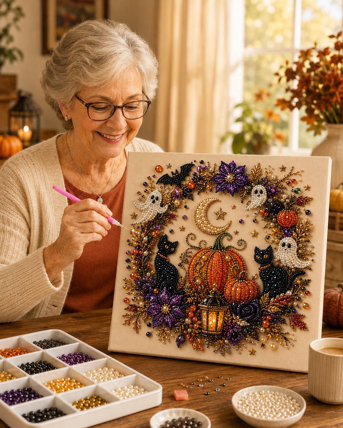💥 Last Day 50% OFF – 👻✨Dlibryla® Halloween Pearl Art DIY Kit – Turn Tiny Pearls into Spooky-Cute Magic