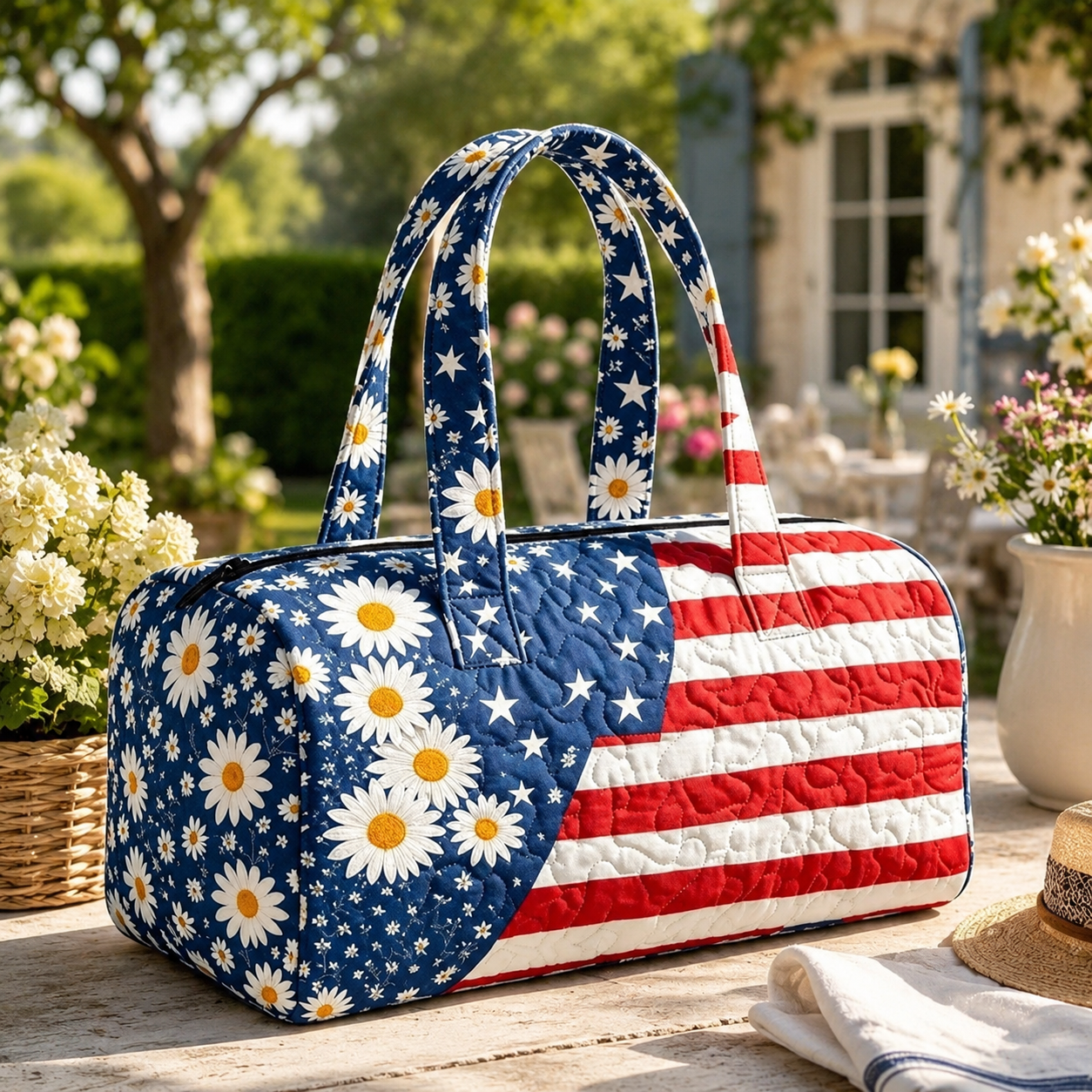 🛍️LAST DAY 50% OFF👜Patriotic Quilted Tote Bag | 3D Floral American Flag Travel Duffel