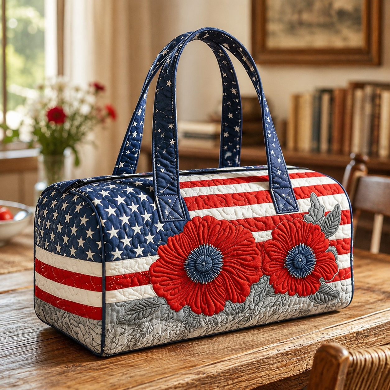 🛍️LAST DAY 50% OFF👜Patriotic Quilted Tote Bag | 3D Floral American Flag Travel Duffel