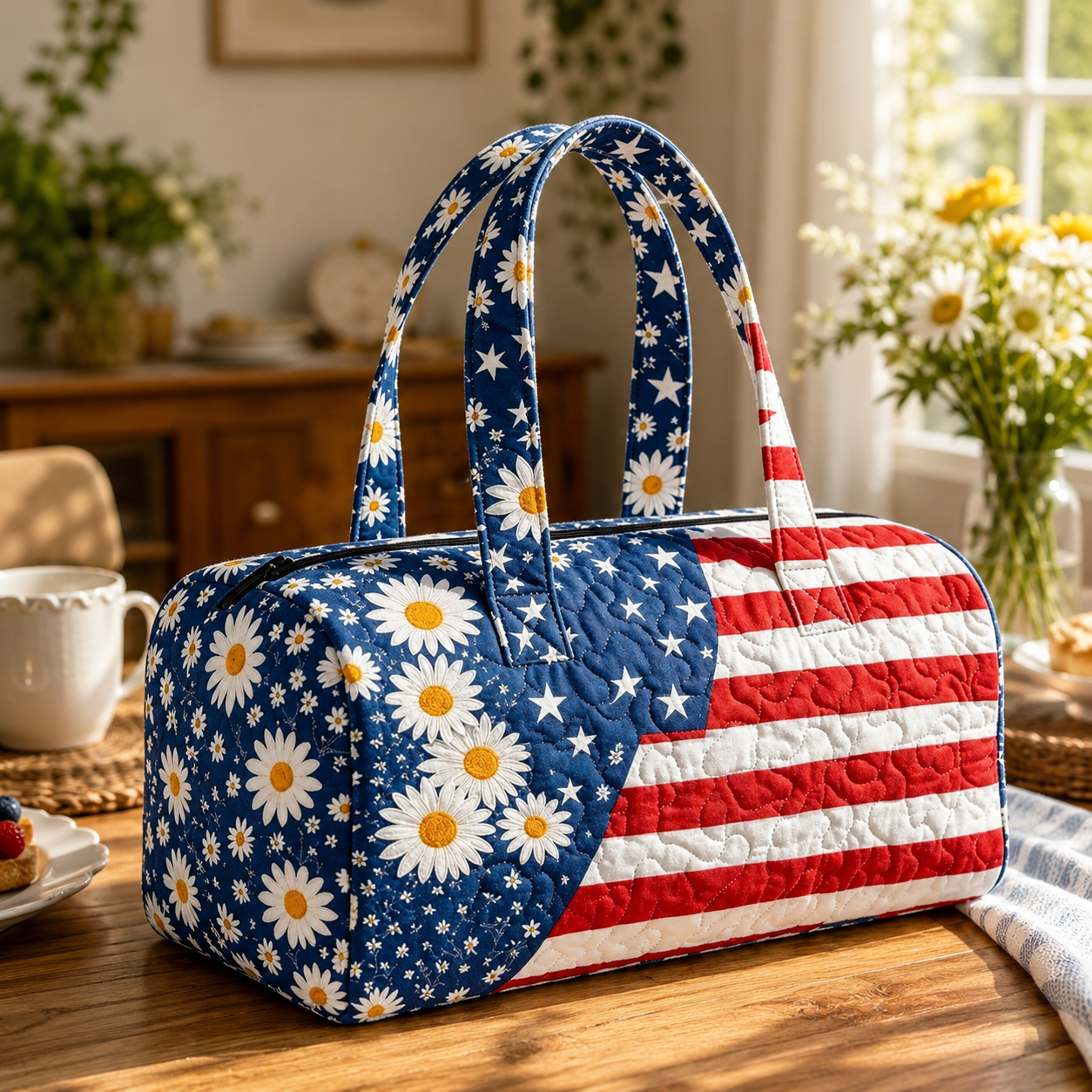 🛍️LAST DAY 50% OFF👜Patriotic Quilted Tote Bag | 3D Floral American Flag Travel Duffel