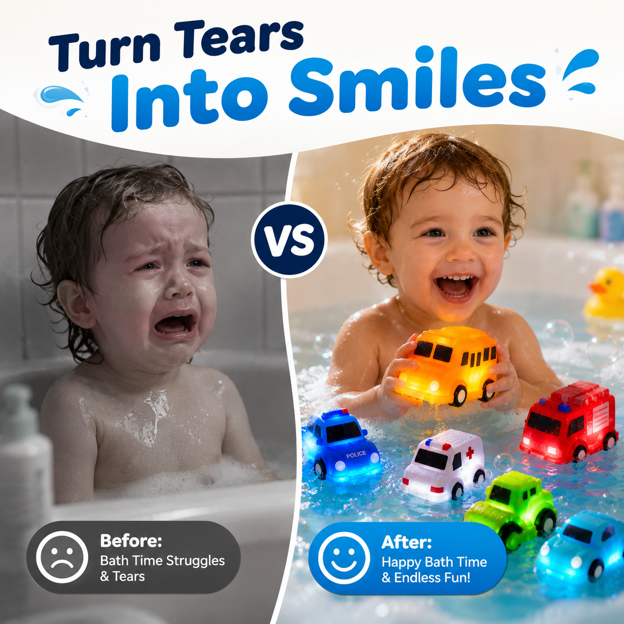🚗Dlibryla® 6PCS Water-Activated Light-Up Bath Toy Cars – Traffic & Construction Vehicles for Kids