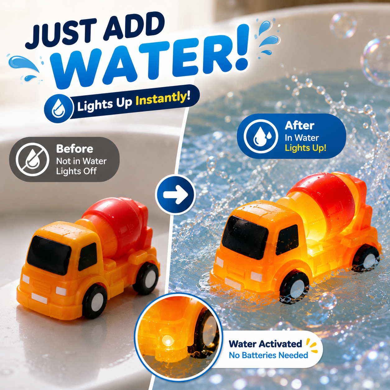 🚗Dlibryla® 6PCS Water-Activated Light-Up Bath Toy Cars – Traffic & Construction Vehicles for Kids