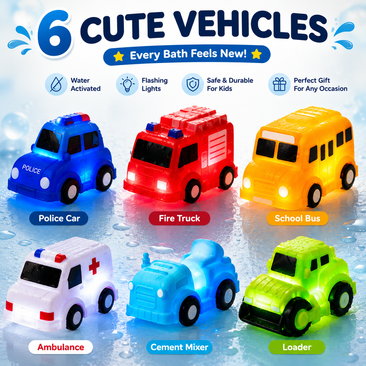 🚗Dlibryla® 6PCS Water-Activated Light-Up Bath Toy Cars – Traffic & Construction Vehicles for Kids