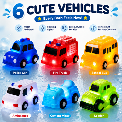 🚗Dlibryla® 6PCS Water-Activated Light-Up Bath Toy Cars – Traffic & Construction Vehicles for Kids