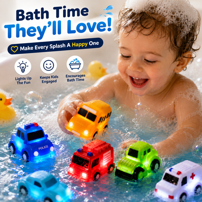🚗Dlibryla® 6PCS Water-Activated Light-Up Bath Toy Cars – Traffic & Construction Vehicles for Kids