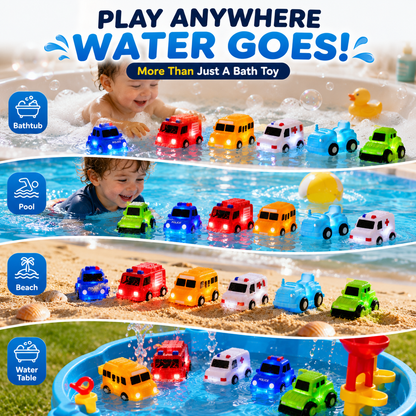 🚗Dlibryla® 6PCS Water-Activated Light-Up Bath Toy Cars – Traffic & Construction Vehicles for Kids
