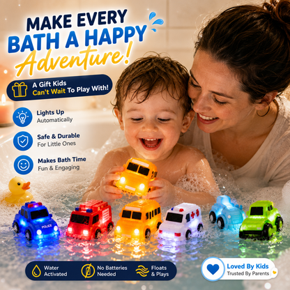 🚗Dlibryla® 6PCS Water-Activated Light-Up Bath Toy Cars – Traffic & Construction Vehicles for Kids