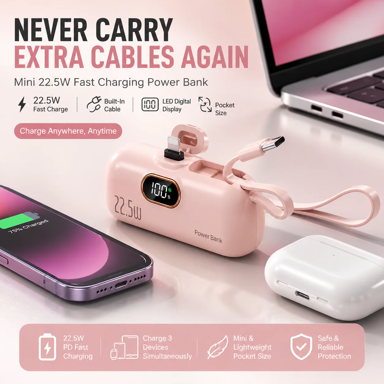 ❤LAST DAY 50% OFF%🔋Ivosoma® 5000mAH Pocket power bank with built in cable 22-5W fast charging