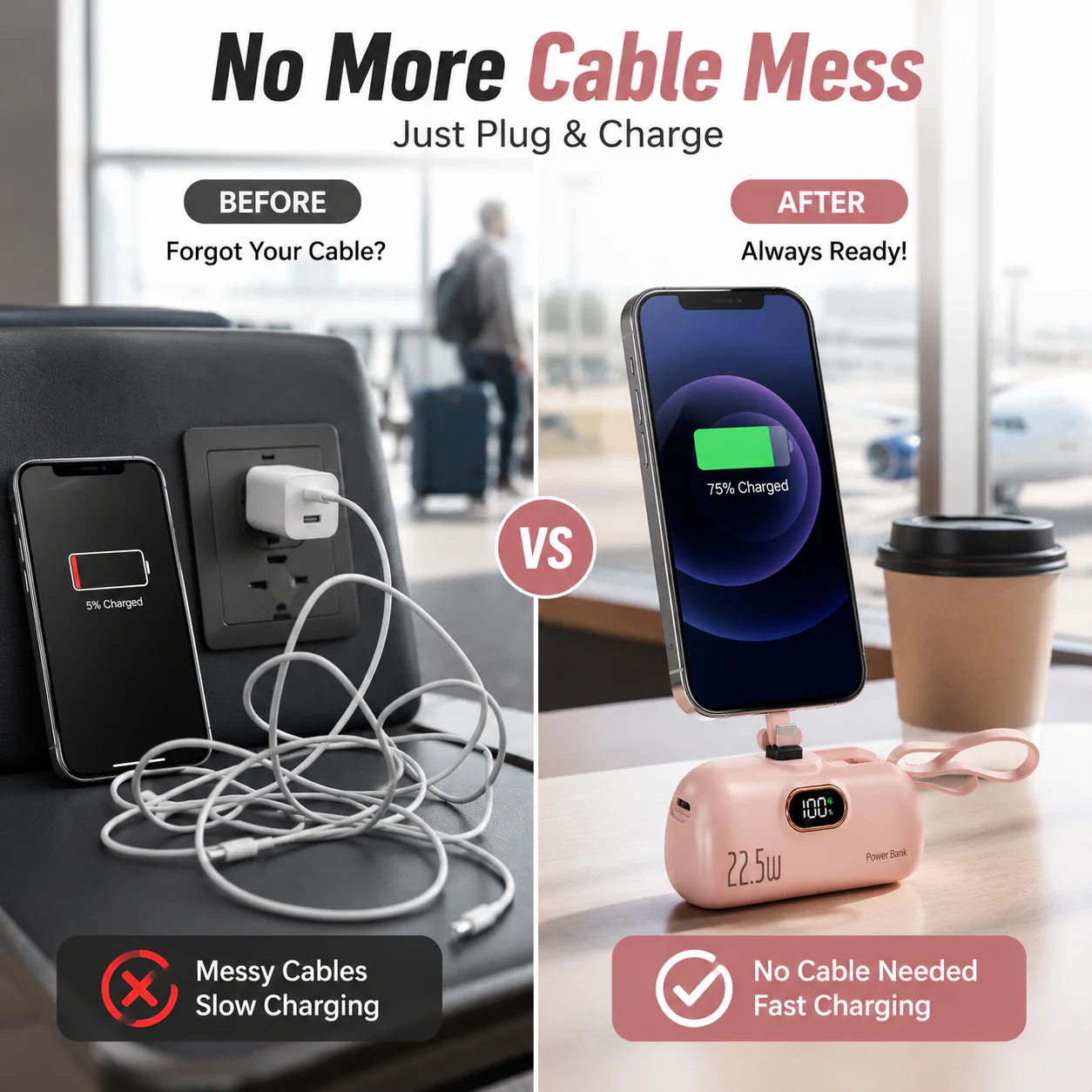 ❤LAST DAY 50% OFF%🔋Ivosoma® 5000mAH Pocket power bank with built in cable 22-5W fast charging