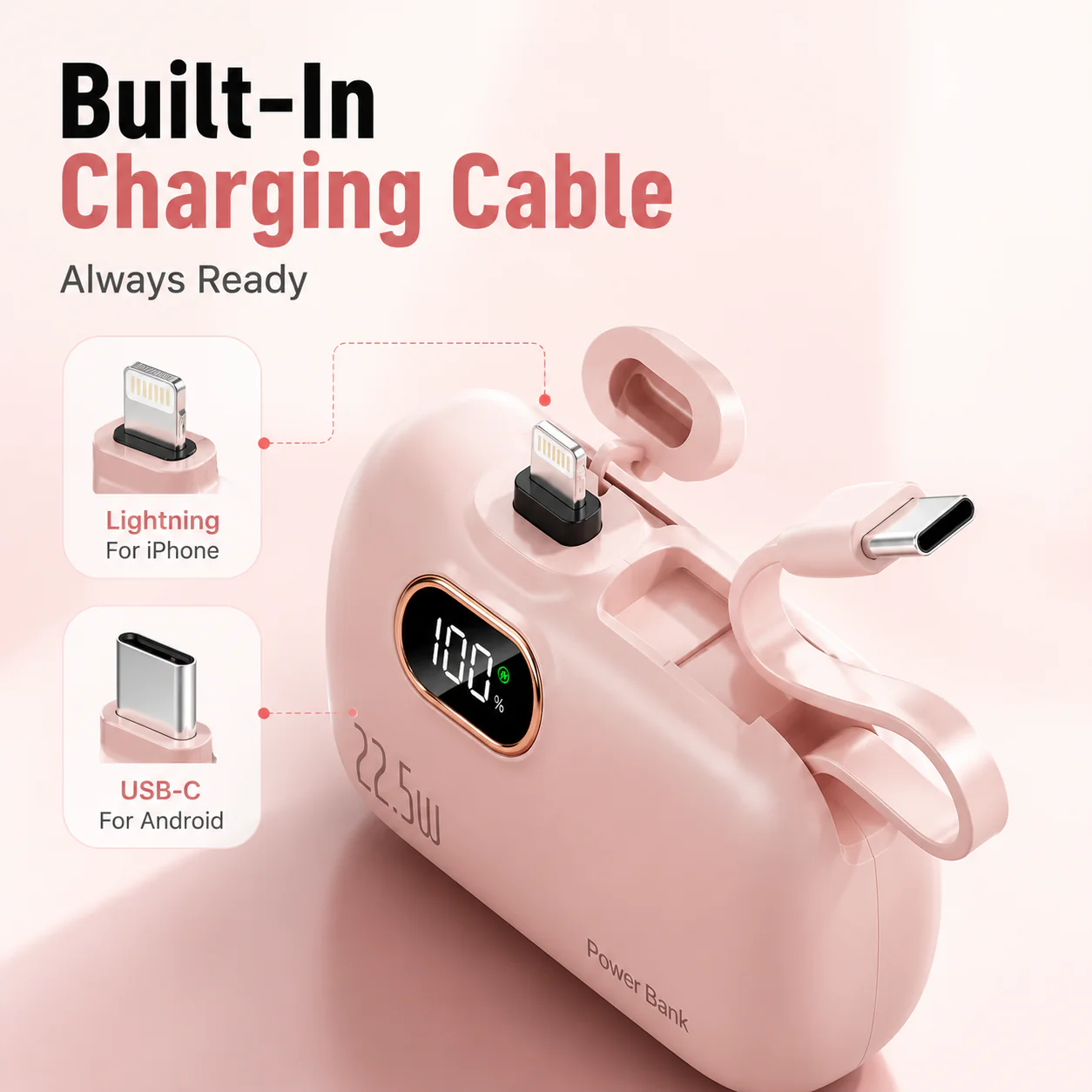 ❤LAST DAY 50% OFF%🔋Ivosoma® 5000mAH Pocket power bank with built in cable 22-5W fast charging